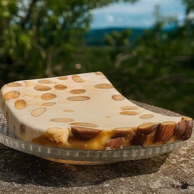 Tranche de nougat artisanal au caramel beurre salé et aux amandes, posée sur une assiette en verre avec un arrière-plan flou de verdure.